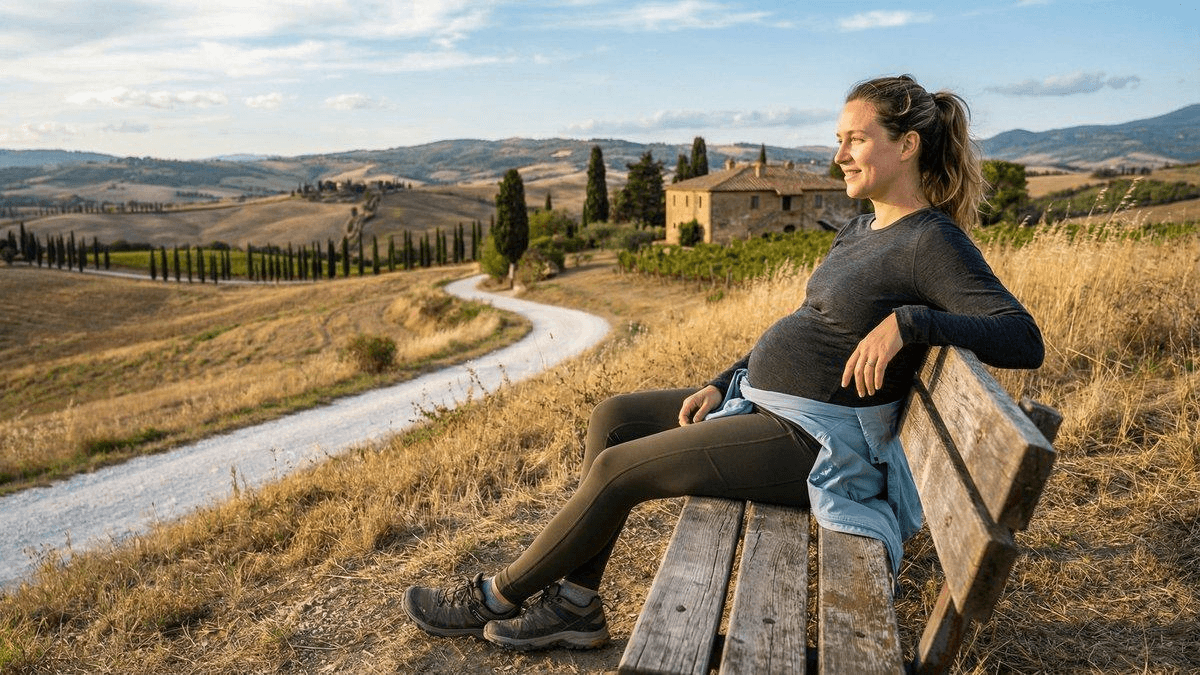 Schwangere Frau sitzt entspannt auf einer Bank in hügeliger Landschaft und blickt nachdenklich in die Ferne.