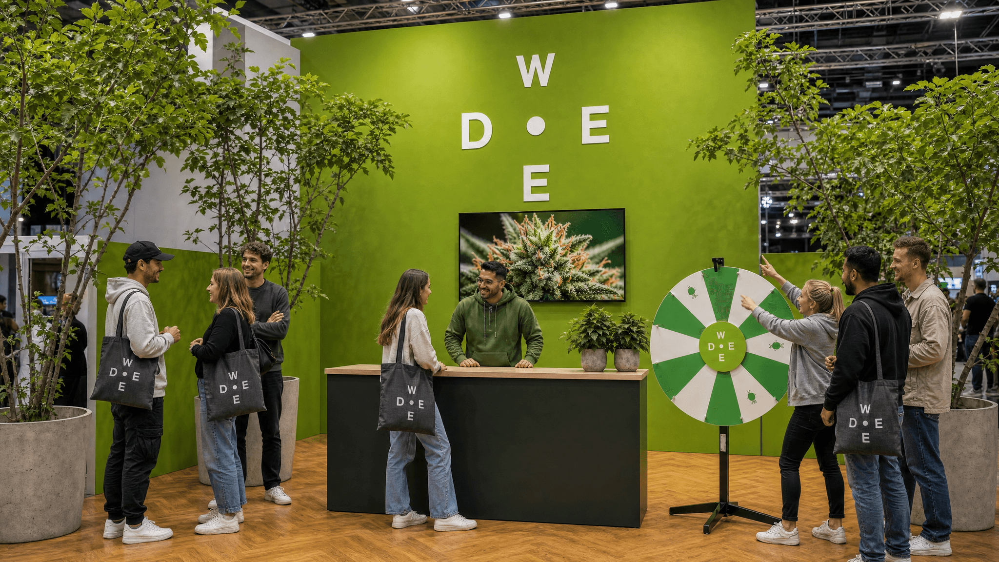 weed.de Messestand auf der MaryJane 2026 in Berlin mit grüner Markenwand, Empfangscounter, Glücksrad und Besuchern im Gespräch mit dem Team