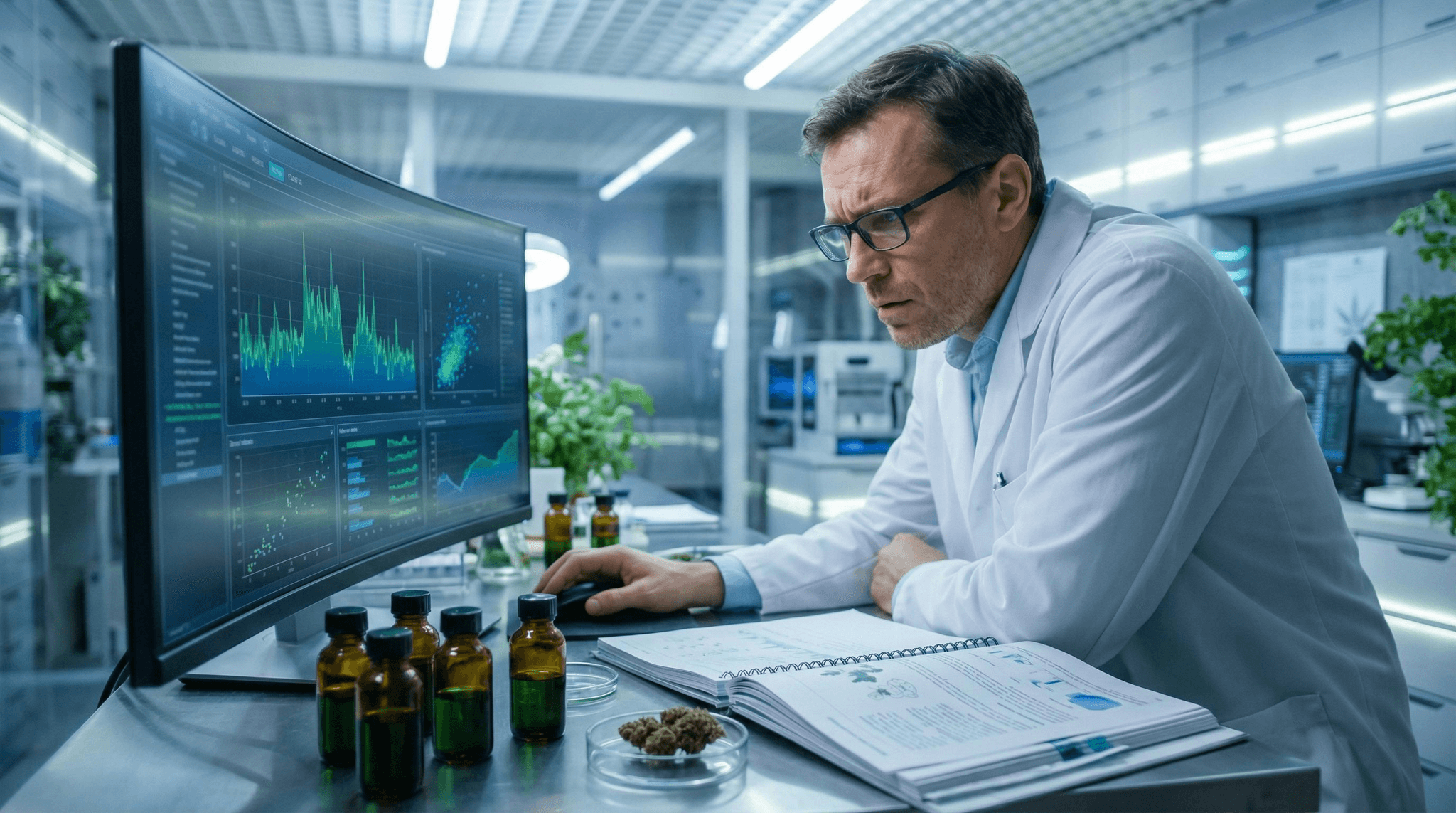 Forscher analysiert Studiendaten zu Cannabinoiden am Computer – neben Cannabisblüten und CBD-Ölen im Laborumfeld.