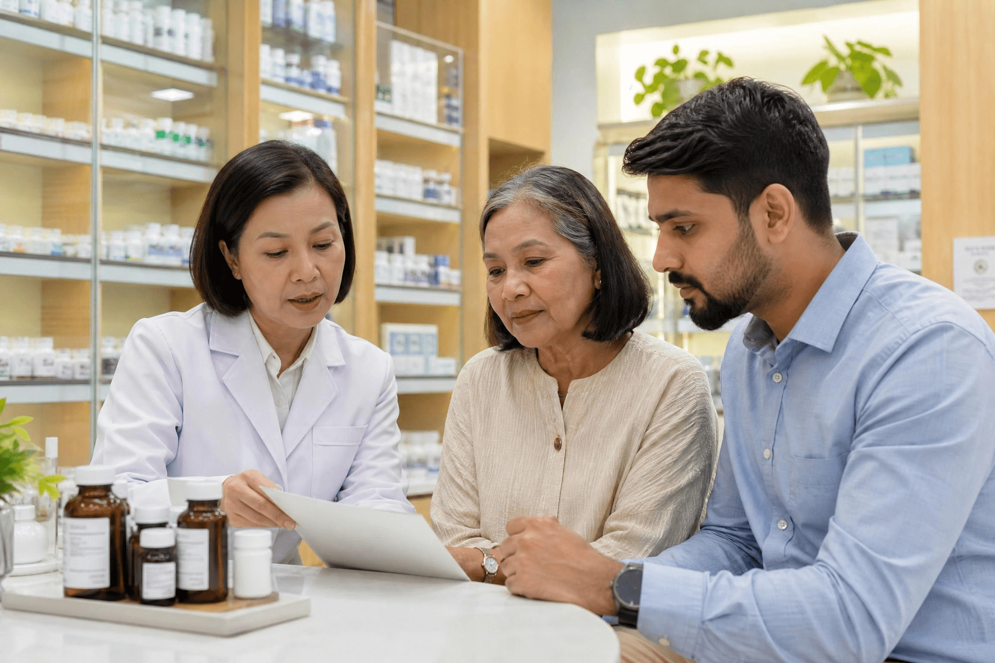 Eine asiatische Apothekerin im weißen Kittel erklärt einer älteren Frau und einem jüngeren Mann mit südostasiatischem Hintergrund ein Dokument am Apothekentisch; im Hintergrund Regale mit Medikamenten – veranschaulicht die neue Rezeptpflicht (PT-33-Formular) und die medizinische Beratung, die seit der Cannabis-Regulierung in Thailand ab Juni 2025 für den legalen Bezug erforderlich ist.