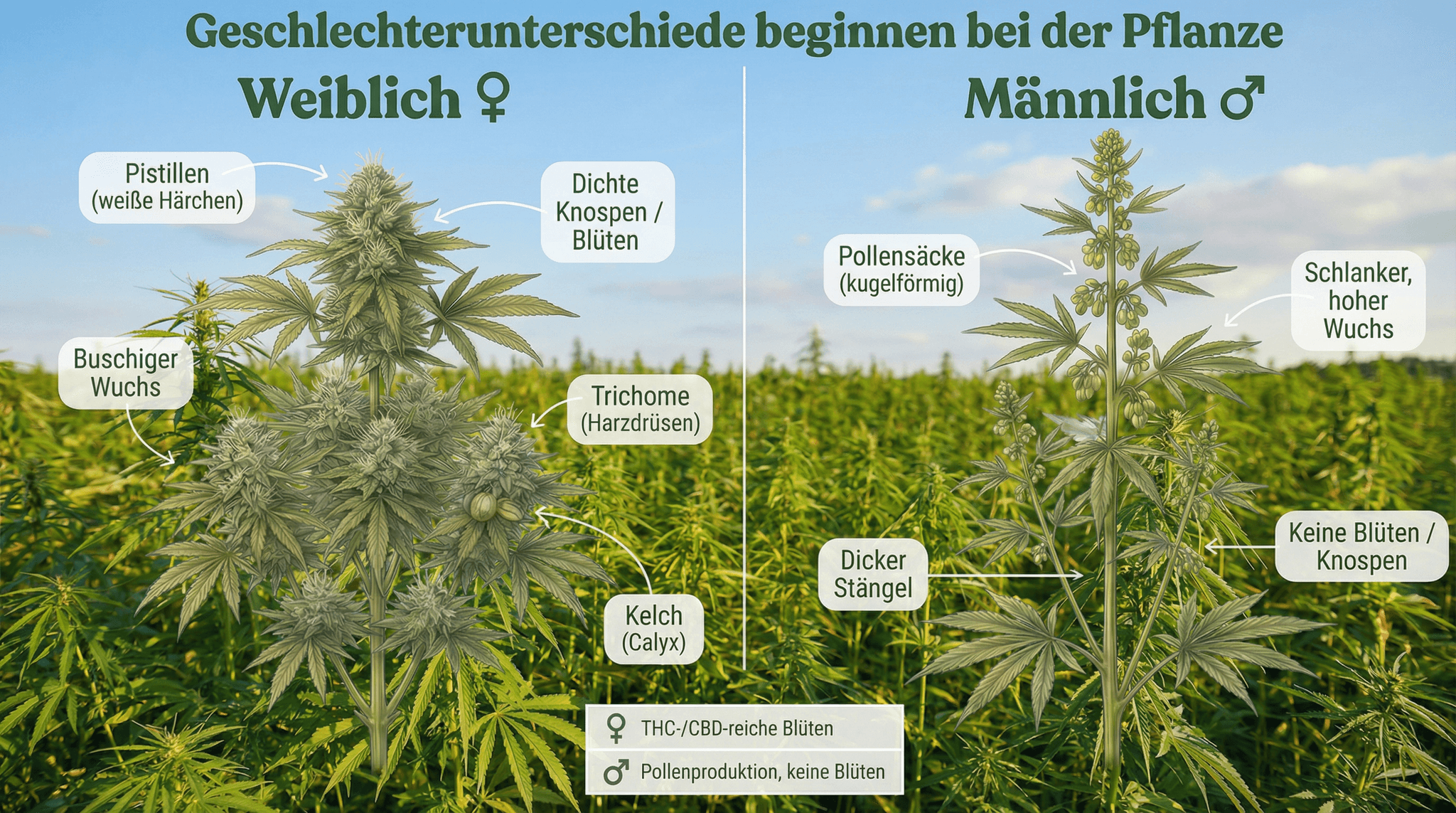 Infografik zeigt weibliche und männliche Cannabispflanze im Vergleich mit beschrifteten Merkmalen: Die weibliche Pflanze bildet THC-reiche Blüten mit Pistillen und Trichomen, die männliche Pflanze Pollensäcke ohne Blüten.