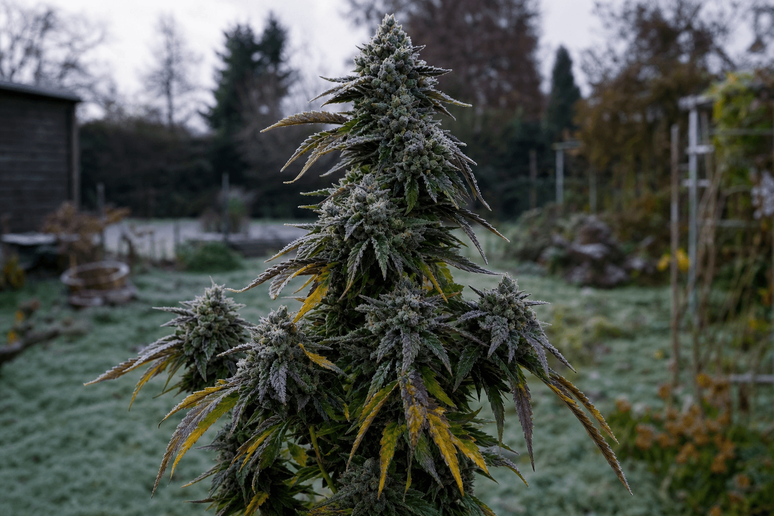 Vollblühende Cannabispflanze mit dichten, harzigen Buds im frostigen Herbstgarten – die gelb-lila verfärbten Blätter und der gefrorene Rasen zeigen das Risiko einer späten Outdoor-Ernte in Deutschland.