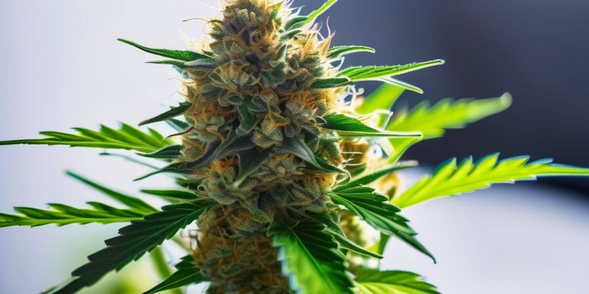 Makroaufnahme einer reifen Cannabisblüte mit sichtbaren Trichomen und grünen Blättern