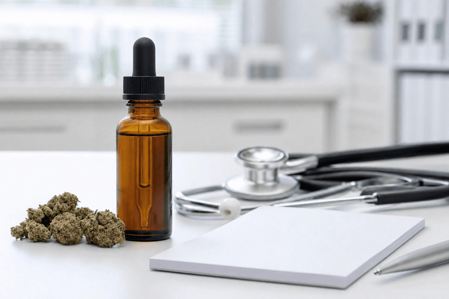 Cannabisblüten und CBD-Öl auf einem Arzttisch neben Stethoskop und Notizblock – medizinisches Cannabis als mögliche Therapieoption bei chronischen Schmerzen.