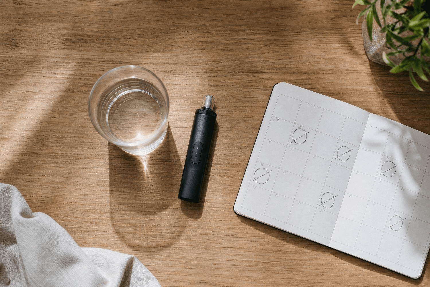 Vaporizer, Glas Wasser und Kalender mit durchgestrichenen konsumfreien Tagen auf einem Holztisch – Verzicht auf Tabak durch Wechsel zum Vaporizer