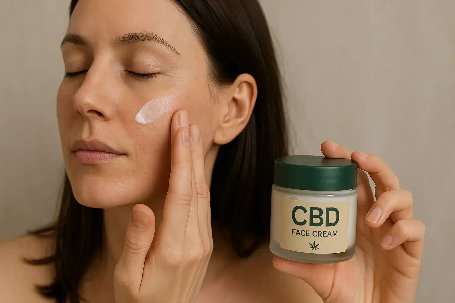 Frau cremt Wange mit CBD-Gesichtscreme