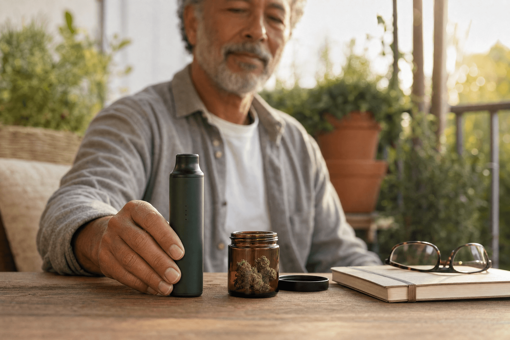 Älterer Mann hält einen unbeschrifteten Blütenvaporizer neben einem geöffneten Glas mit Cannabisblüten auf einem Holztisch.