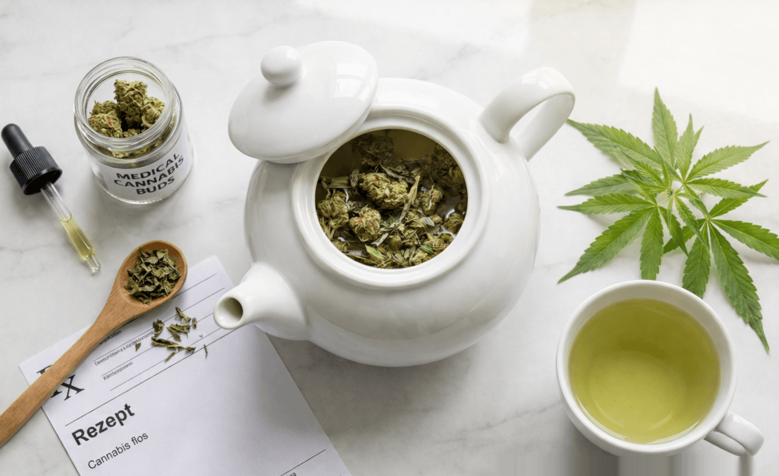 Eine Kanne Cannabis Tee wird aufgebrüht und steht mit dem Rezept und den Blüten zusammen
