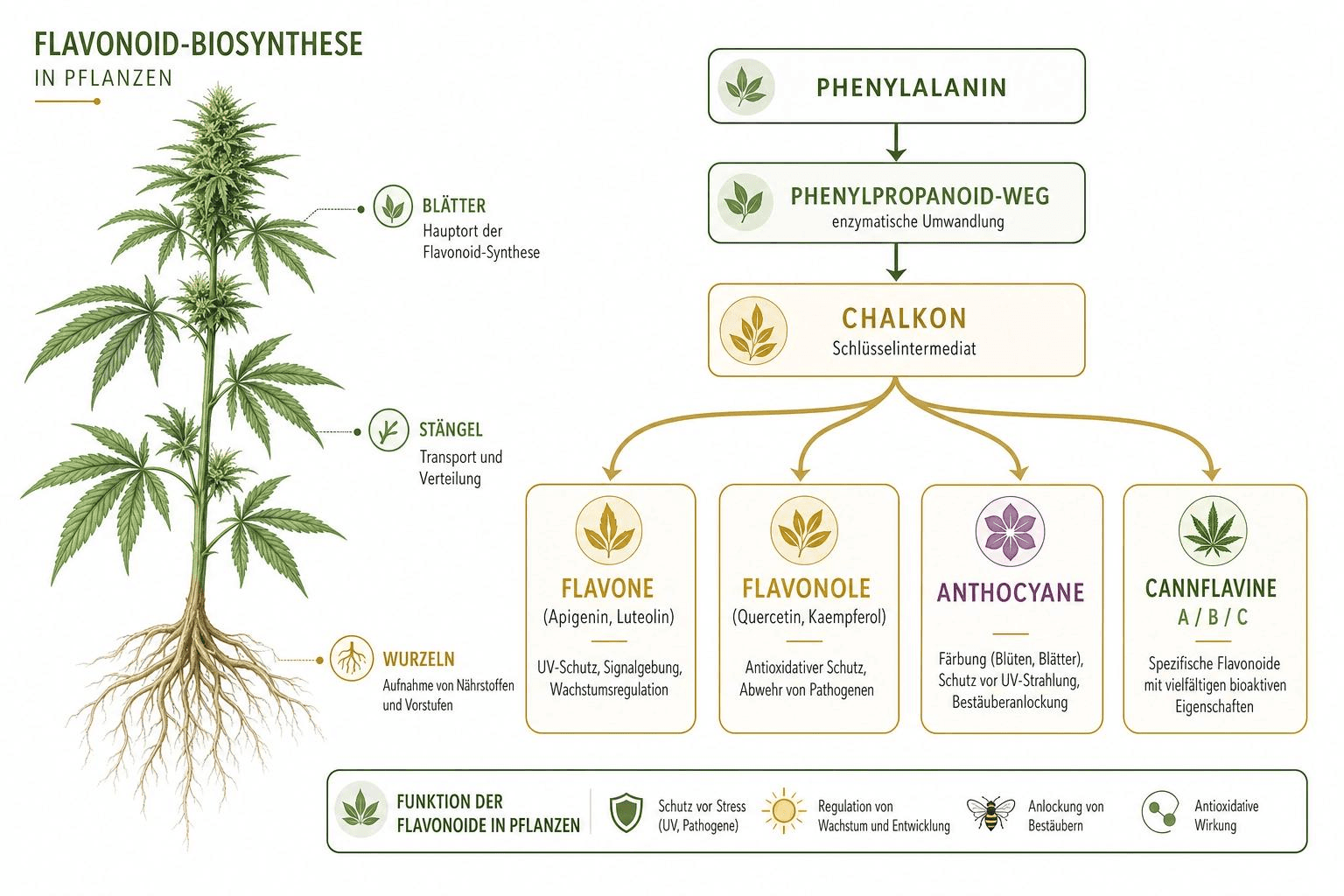 Infografik zur Biosynthese von Flavonoiden in Cannabis