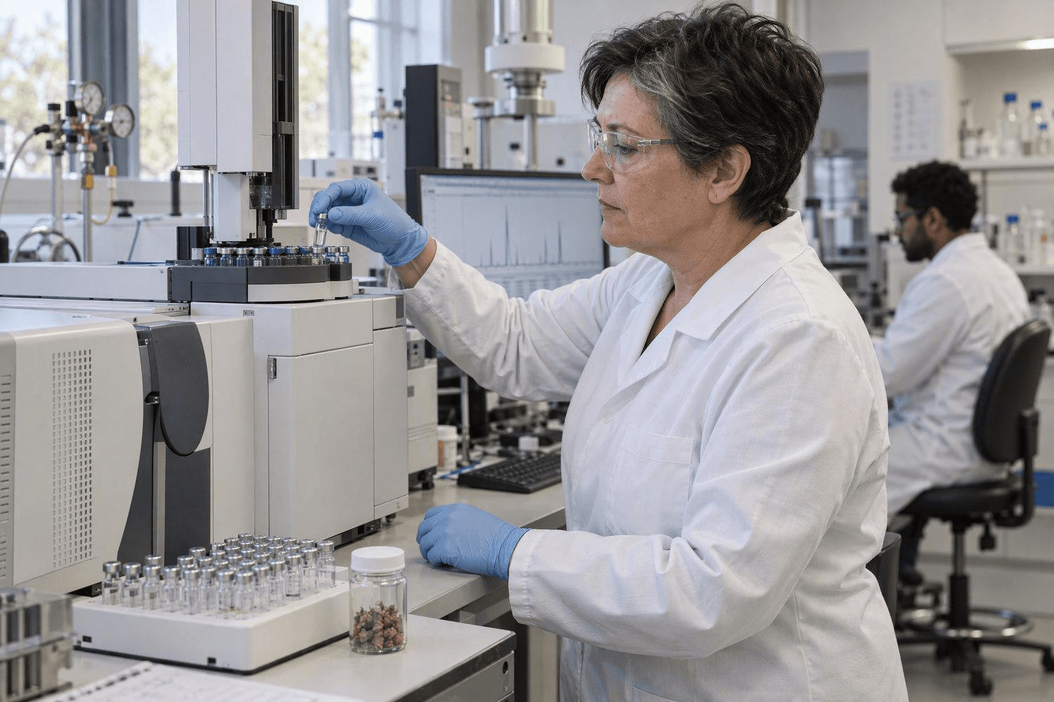 Labortechnikerin an einem Gaschromatographen mit Probenfläschchen auf der Laborbank; ein Kollege arbeitet im unscharfen Hintergrund.