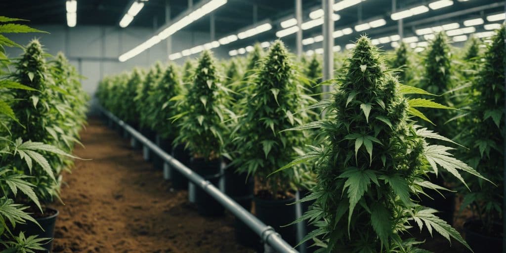 Reihe blühender Cannabispflanzen in Töpfen unter LED-Beleuchtung