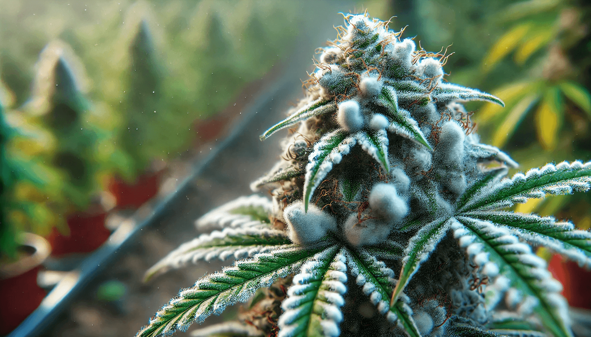 Makro einer Cannabiblüte mit weißem, flauschigem Belag auf Blättern und Buds