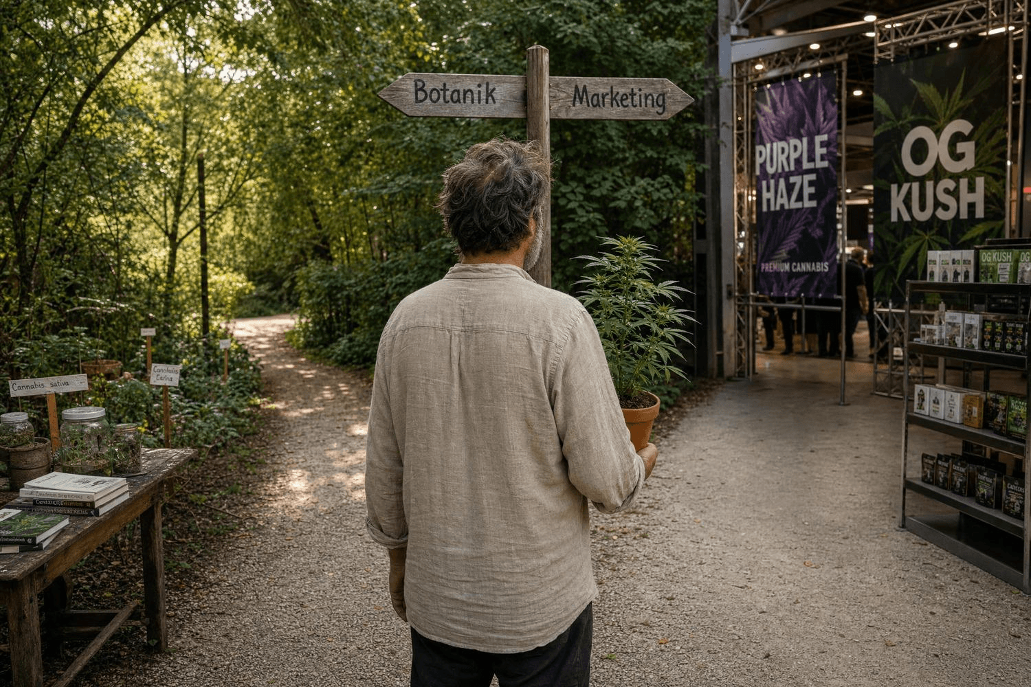 Mann von hinten mit Cannabis-Pflanze im Terrakottatopf an einer Wegkreuzung: der linke Pfad führt in einen naturbelassenen botanischen Garten mit Pflanzenbüchern und Glasgefäßen, der rechte in einen Messeeingang mit Werbebannern für 'Purple Haze' und 'OG Kush' – ein hölzerner Wegweiser zeigt 'Botanik' und 'Marketing'