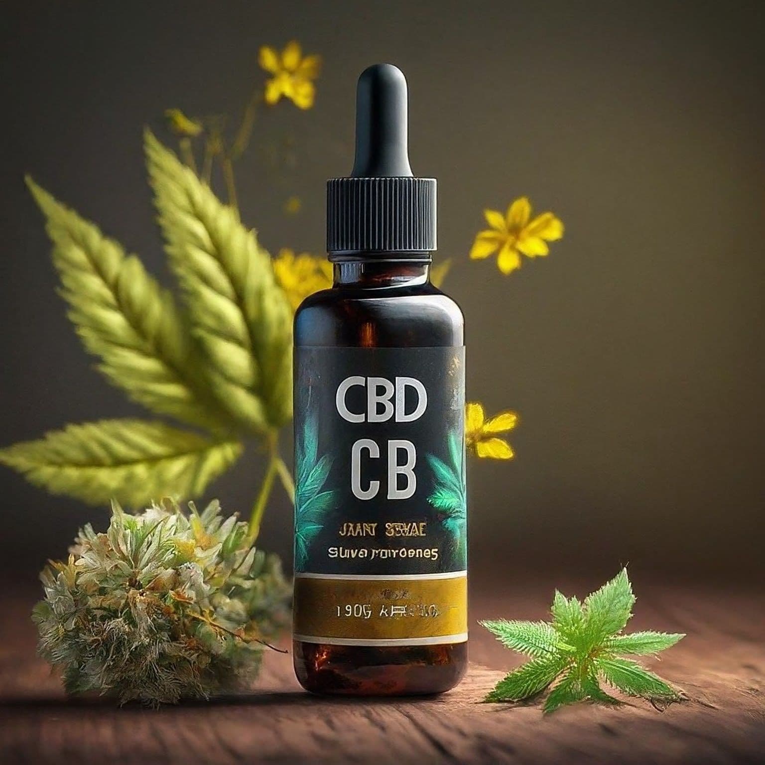 Braune CBD-Tropfenflasche mit Pipette, Cannabisblatt und Blüte