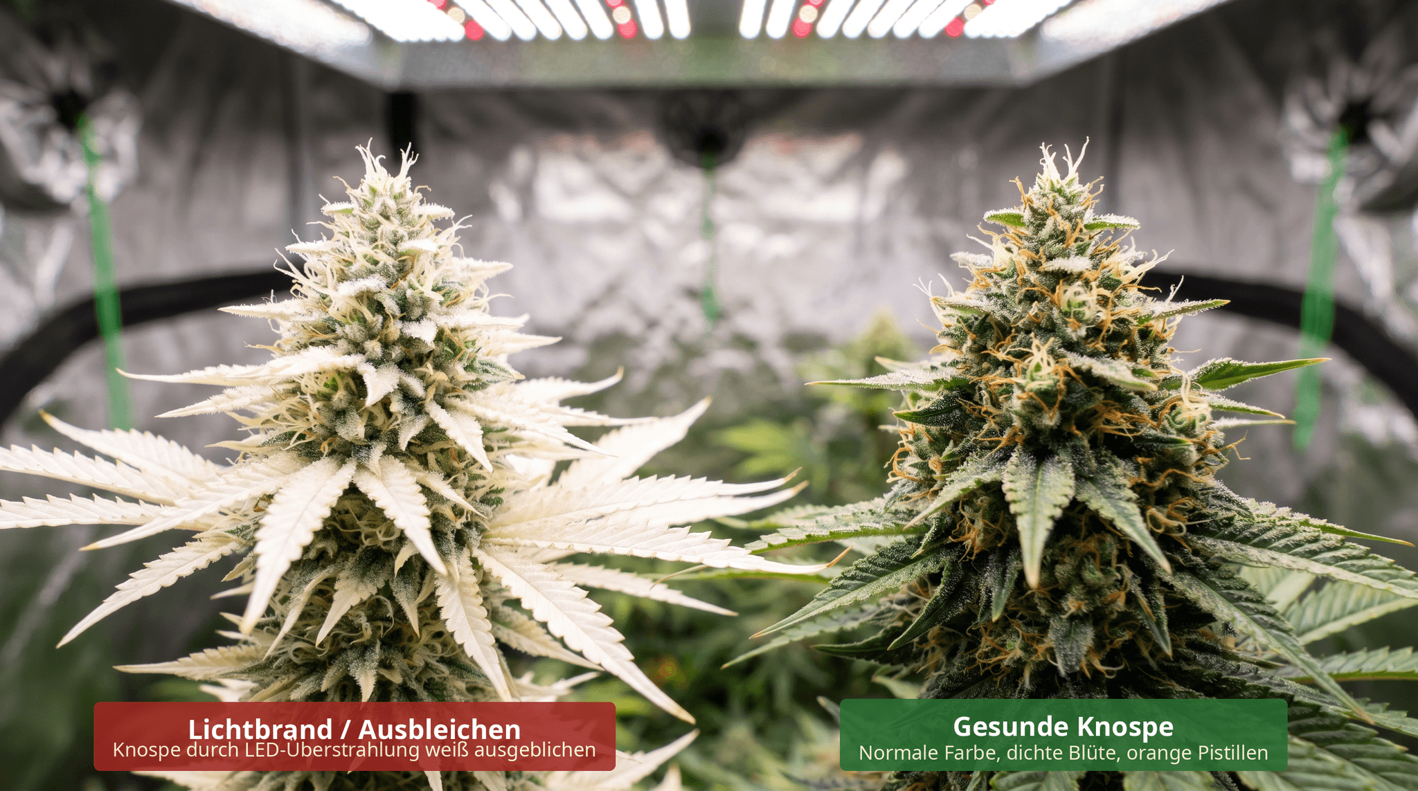 Vergleich zweier Cannabis-Blüten unter LED-Licht: Links eine durch Lichtbrand ausgebleichte weiße Knospe, rechts eine gesunde grüne Blüte mit orangen Pistillen.