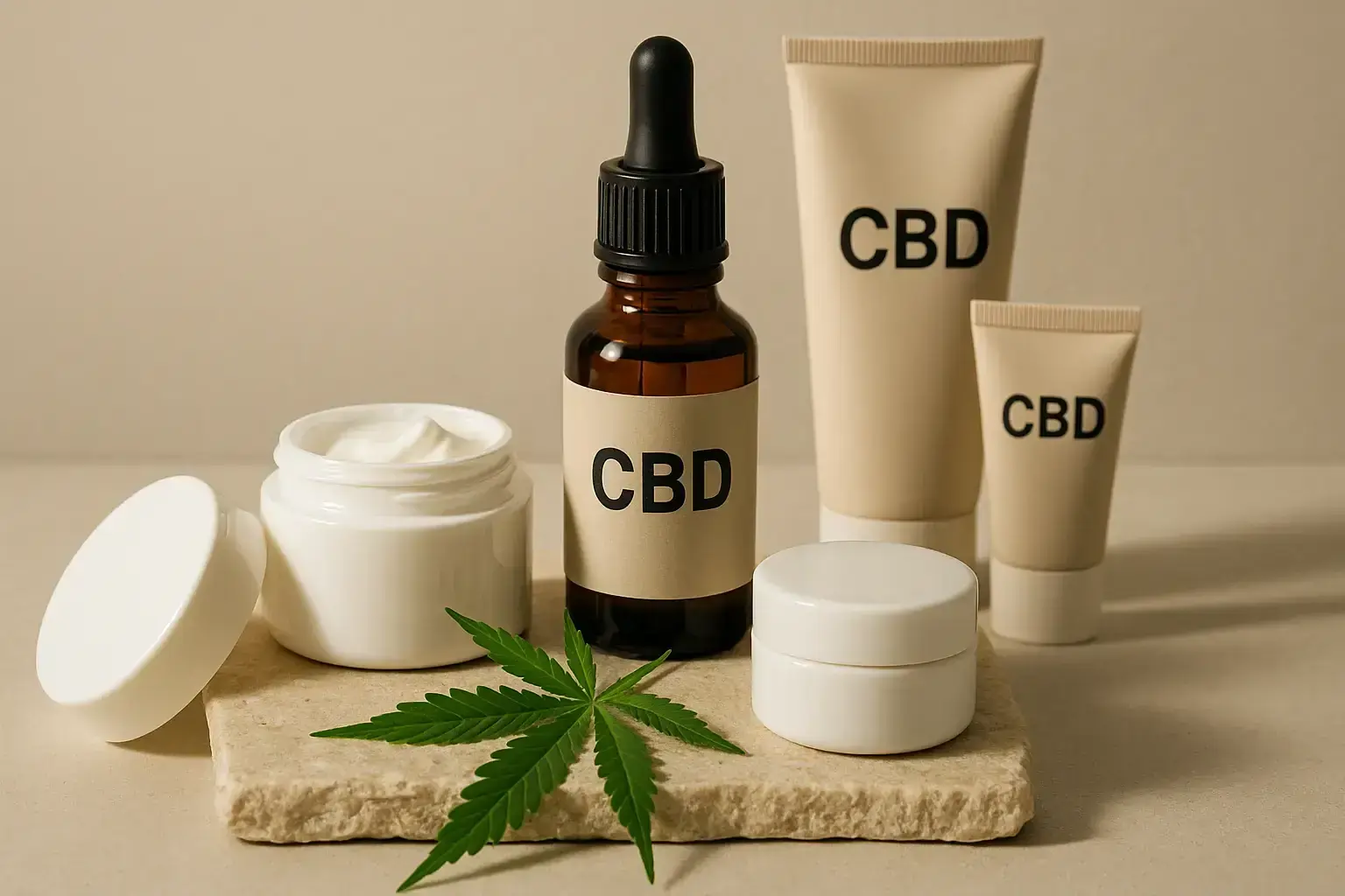 Braune CBD-Tropfflasche, Cremetiegel, Tuben und Hanfblatt auf Steinplatte