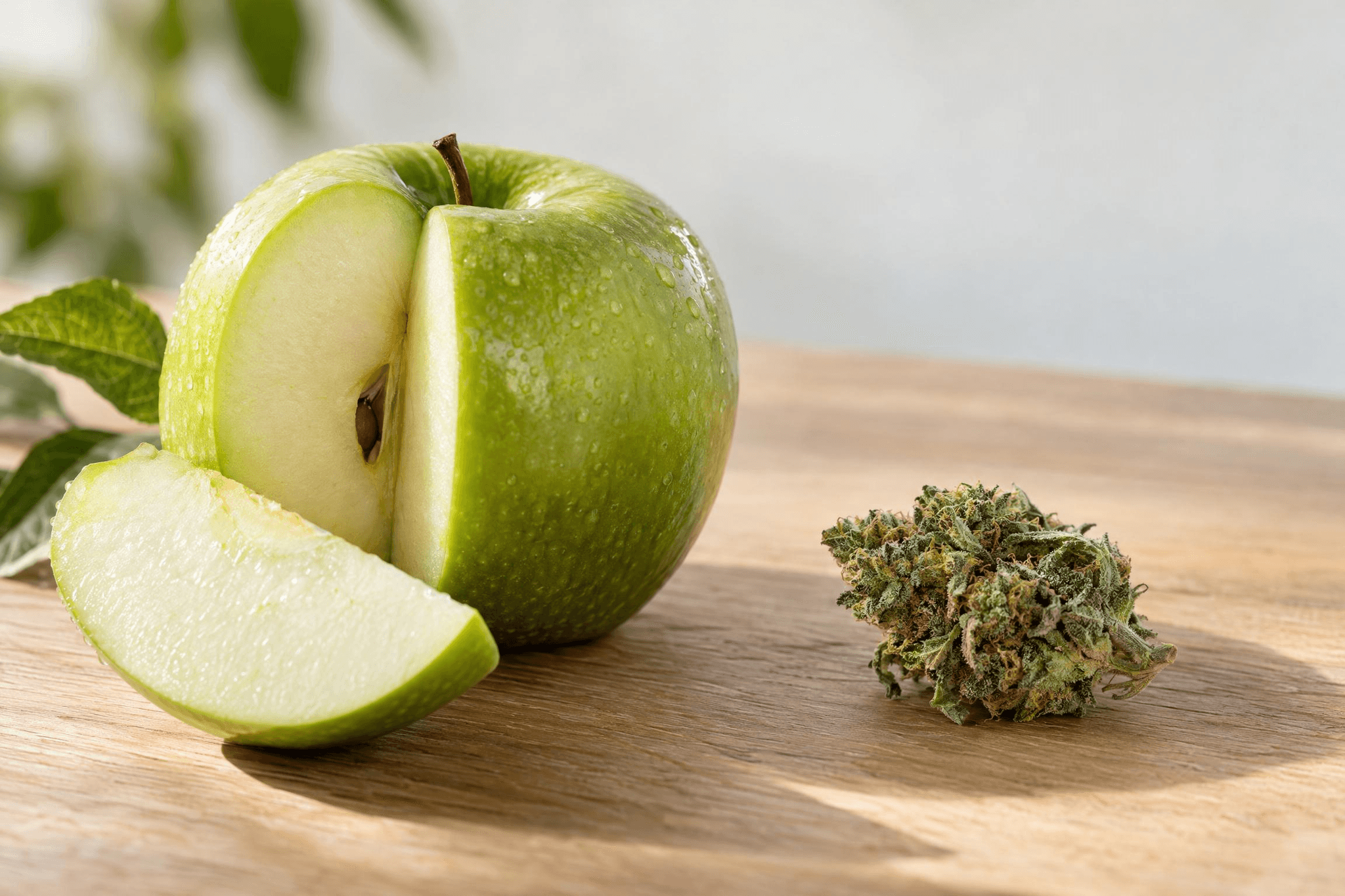 Aufgeschnittener grüner Apfel neben einer getrockneten Cannabisblüte auf einem Holztisch.