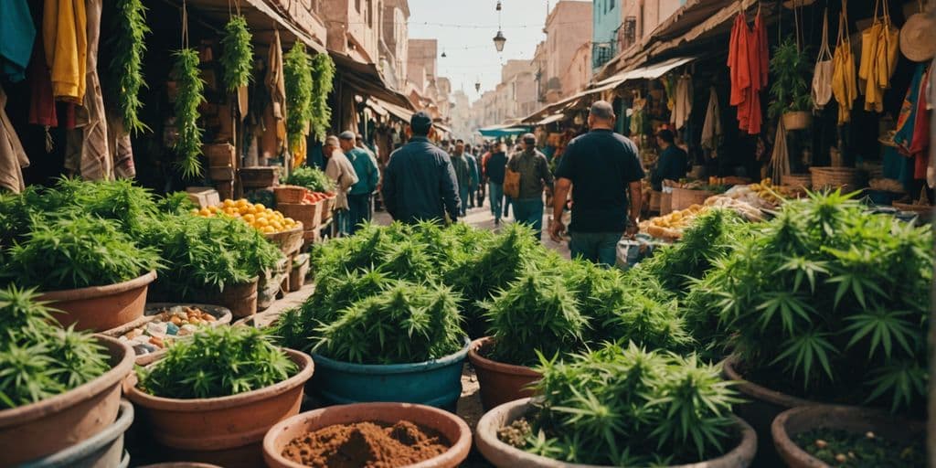 Topfpflanzen mit Cannabislaub auf belebtem Straßenmarkt