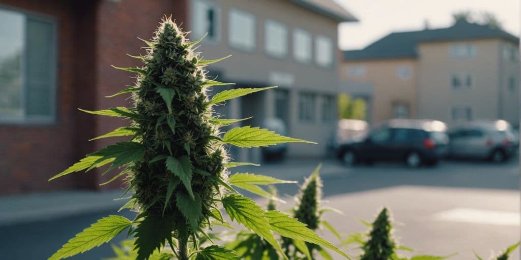 Nahaufnahme einer reifen Cannabisblüte vor unscharfen Wohnhäusern