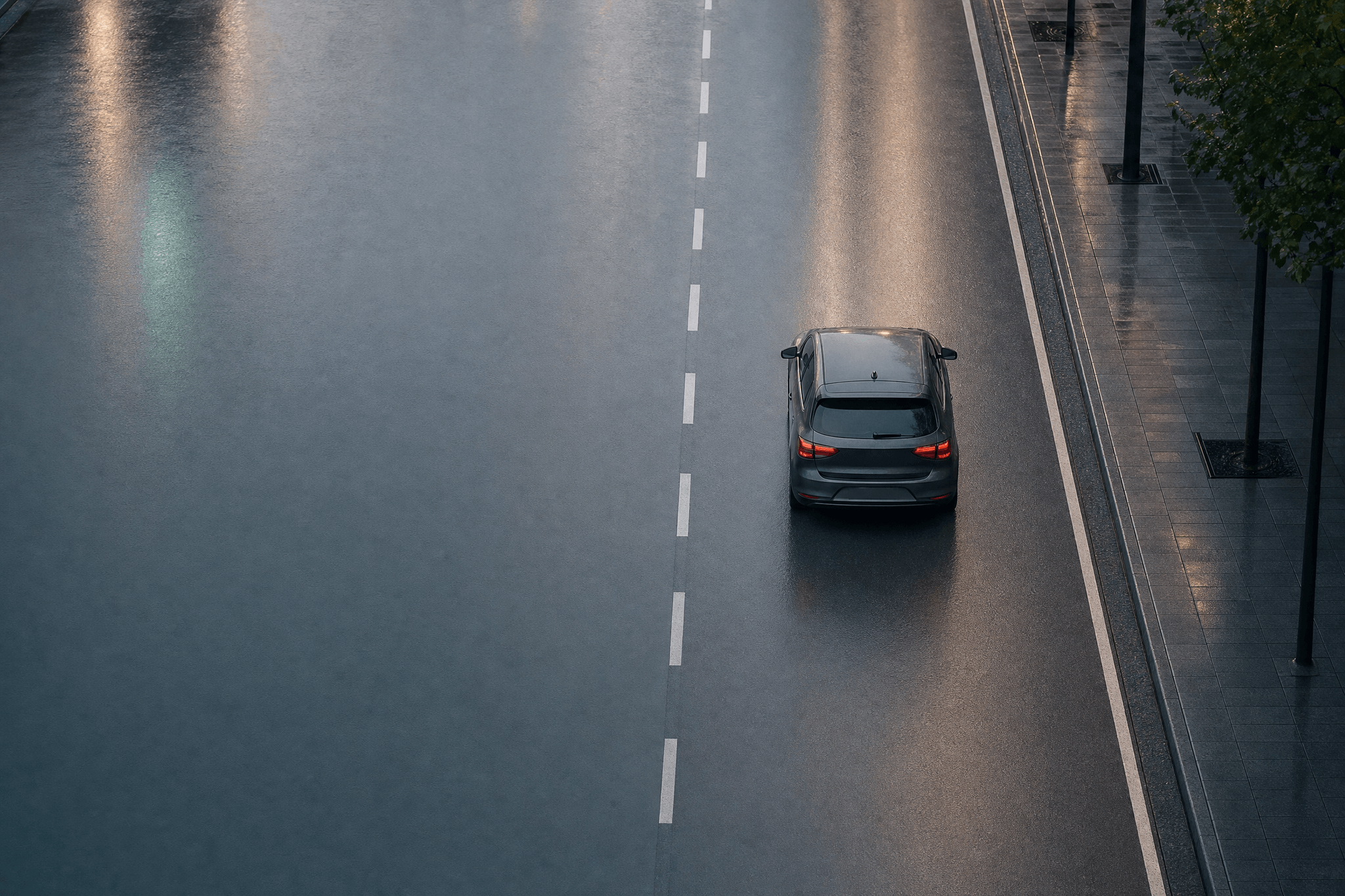 Vogelperspektive auf ein graues Auto mit leuchtenden Rücklichtern auf einer nassen, leeren Stadtstraße bei Dämmerung – symbolisch für Autofahren nach Cannabiskonsum und die Frage der Fahrtüchtigkeit