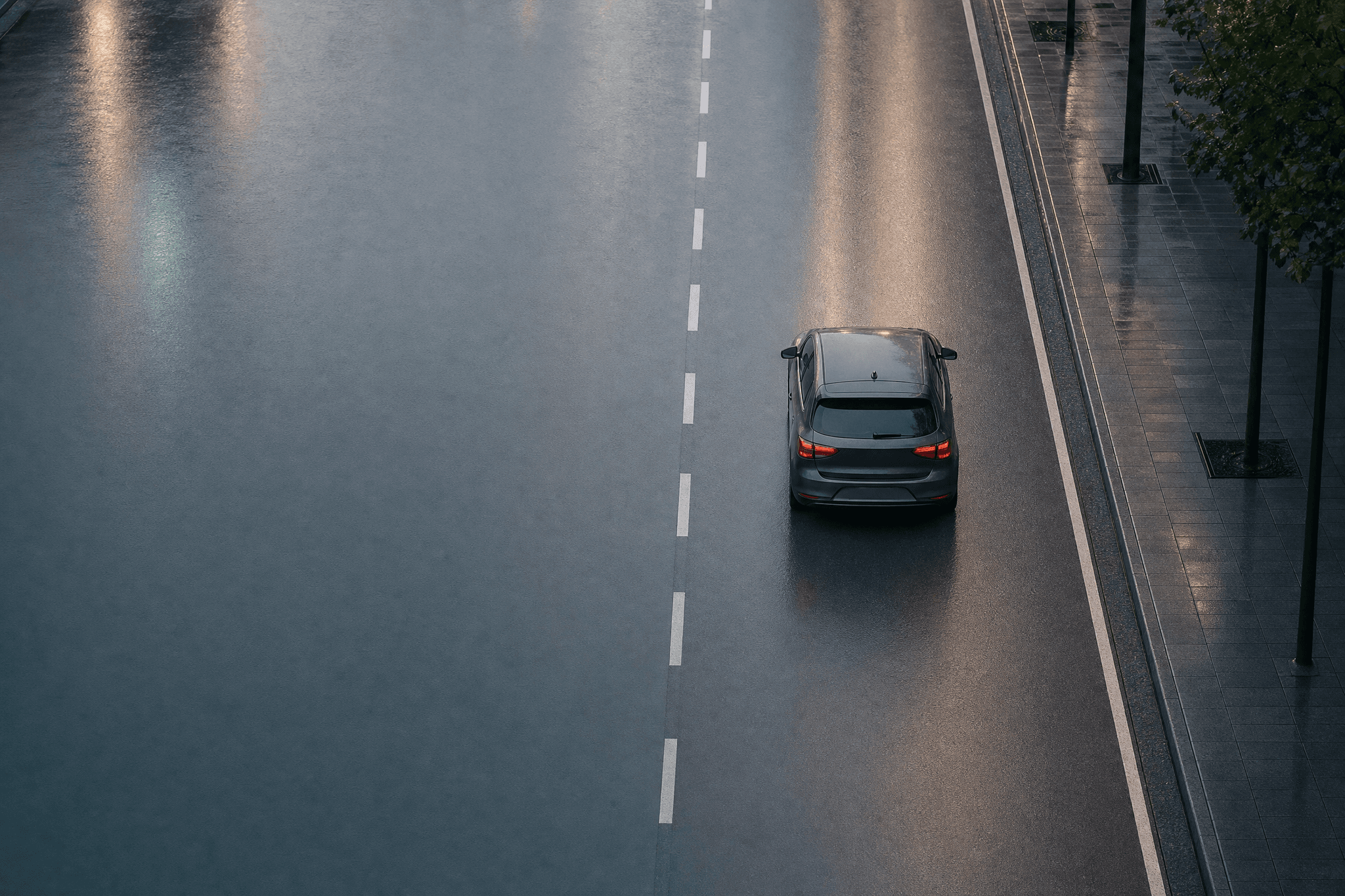 Vogelperspektive auf ein graues Auto mit leuchtenden Rücklichtern auf einer nassen, leeren Stadtstraße bei Dämmerung – symbolisch für Autofahren nach Cannabiskonsum und die Frage der Fahrtüchtigkeit
