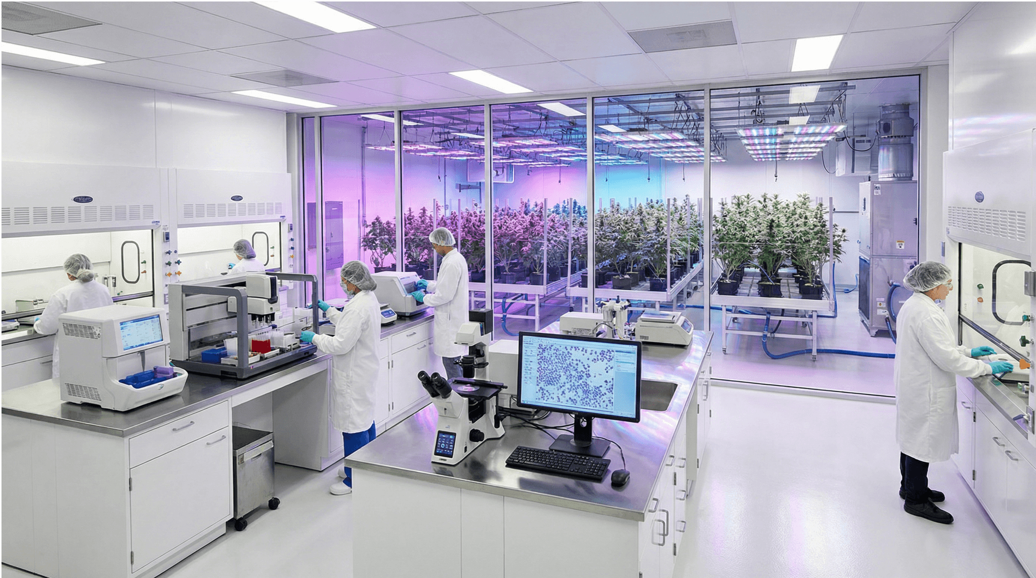 Wissenschaftliche Cannabinoid-Forschung: Labor mit Mikroskopie und kontrolliertem Cannabis-Anbau