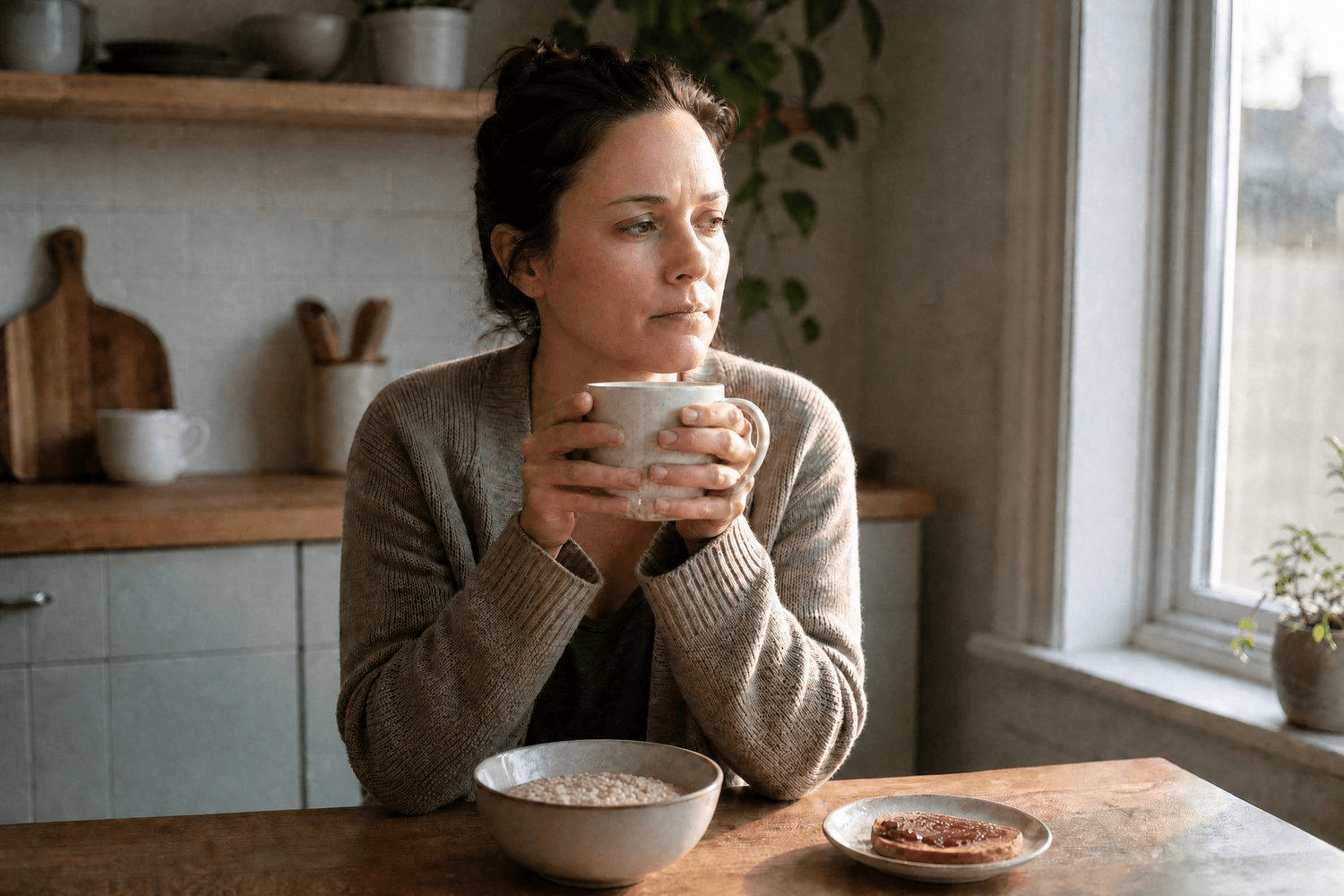 Frau sitzt nachdenklich am Frühstückstisch und hält eine Tasse, unberührte Müslischale und Marmeladentoast vor sich – Appetitlosigkeit als mögliches Symptom bei Magenproblemen durch häufigen Cannabiskonsum