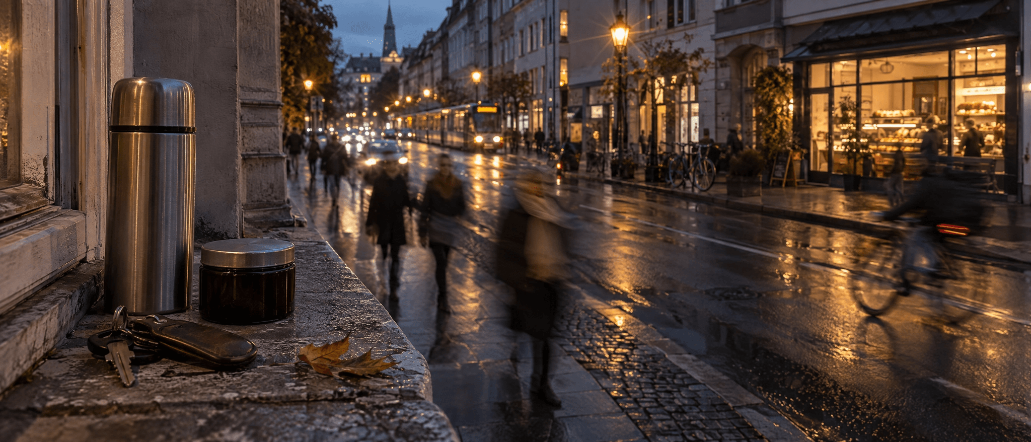 Langzeitbelichtung in der Abenddämmerung: Auf einer Fensterbank liegen Thermoskanne, Schlüsselbund und ein verschlossenes Aufbewahrungsglas, dahinter ziehen Passanten und Verkehr als Bewegungsunschärfe durch die nasse Straße.