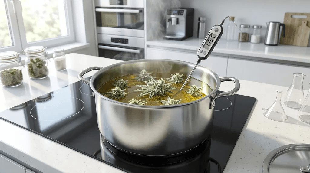 Cannabis Öl wird in einem Topf mit Thermometer zur Temperaturkontrolle erhitzt